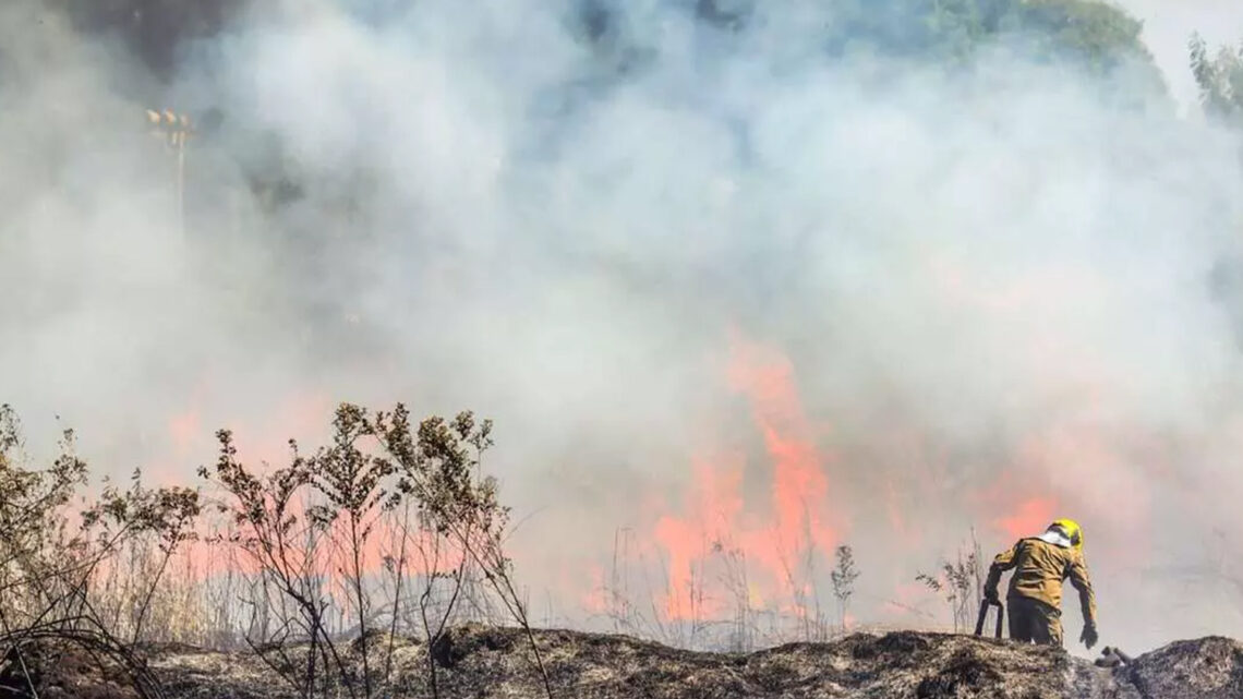 Bombeiros combatem incêndio no Taquarussu há duas horas e moradores temem que fogo atinja casas